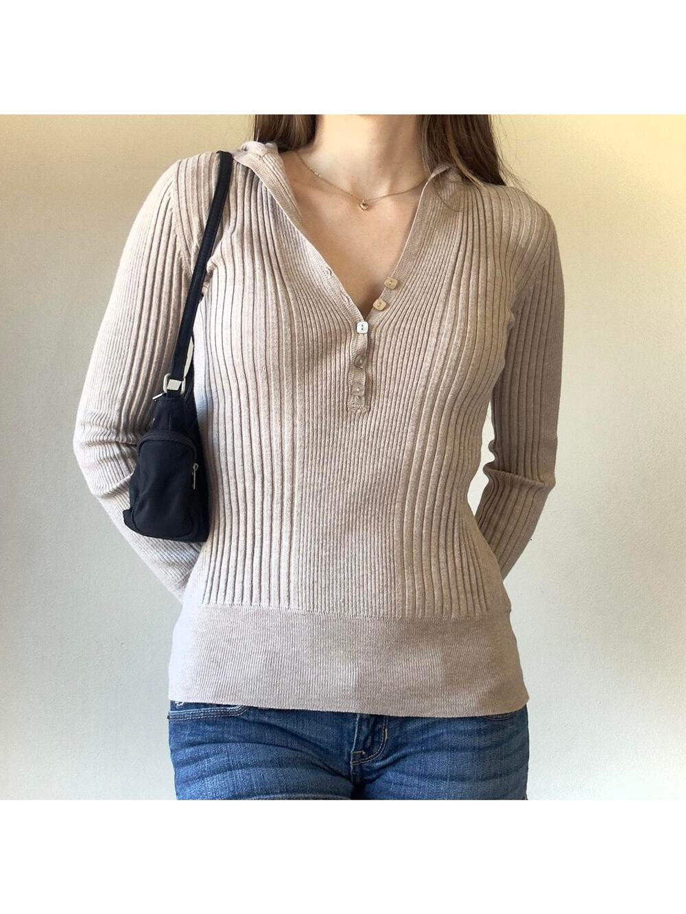 Late 2000s Style Apt 9 Ribbed Fitted Tan Long Sleeve Hooded Henley Top - Small